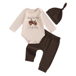 Loalirando Newborn Baby Boy Farm Spring Outfits Letter Tractors Embroidery Long Sleeve Rompers Elastic Pants Hat Coming Home 3Pcs Clothes Set (Brown, 3-6 Months)