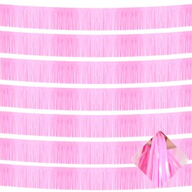10 Pack 10 Feet Macaron Pink Foil Fringe Garland Metallic Tinsel Streamers Banner Wall Hanging Fringe Curtain Backdrop Banner for Parade Floats, Bachelorette, Wedding, Birthday Party Decorations