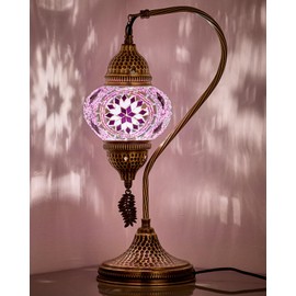 DEMMEX Turkish Moroccan Table Lamp, Swan Neck Tiffany Style Mosaic Glass Table Desk Bedside Lamp for Bedroom, Living Room – Handcrafted in Turkey, LED Bulb Included, Lilac