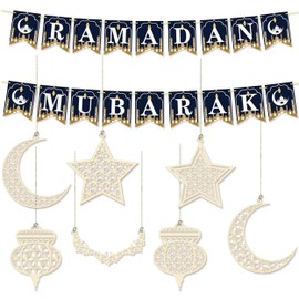 Eid Mubarak Decoration, 1 Pcs Ramadan Mubarak Banner and 7 Pcs Eid Mubarak Wooden Ornaments, Moon Star Shape Ramadan Islamic Muslim Wall Decoration for Home Mantle Fireplace Wall Window