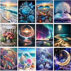 Mystara 12 Pack Diamond Painting Kits for Adults,Landscape Moon Diamond Beach Painting Set for Gift Home Wall Decor - 5D DIY Craft Kit with Diamonds(Modern-3)