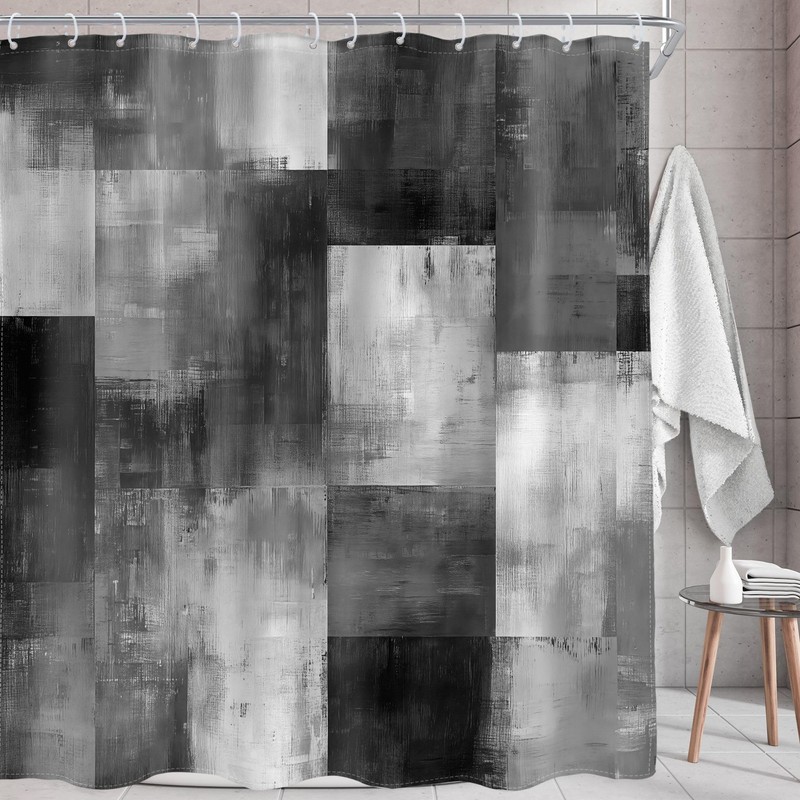 AMBZEK Grey Patchwork Shower Curtain - Modern Black and White