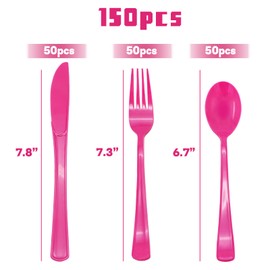 150 Pcs Hot Pink Plastic Silverware Hot Pink Plastic Utensils Heavy Duty - 50 Forks, 50 Knives, 50 Spoons for Birthday Bachelorette Wedding Bridal Shower
