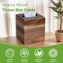 S310 Acacia Wood Tissue Box Cover, Square Tissue Box Holder with Slide-Out Bottom, Wooden Cube Tissue Covers Tissue Holders for Bathrooms Office Kitchen