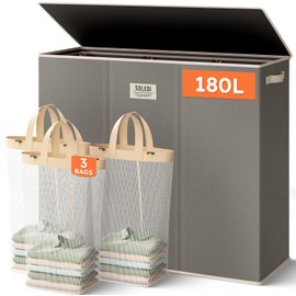 SOLEDI 180L 3-Section Laundry Hamper with Lid, Extra Large Dirty Clothes Basket with Sturdy Handles for Laundry Room & Bedroom - Durable Organizer for Sorting Laundry
