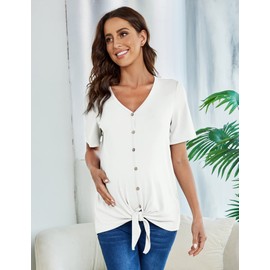 Coolmee Women's Button Down V Neck Maternity Shirts Short Sleeve Nursing Tops Breastfeeding Tie Knot Henley Pregnancy Clothes White XL