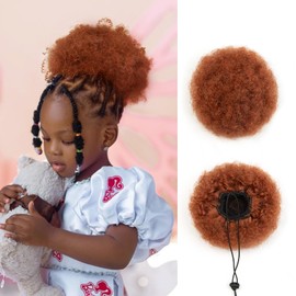 Kids Small Afro Puff 4 Inch Human Hair Ponytail for Baby Black Women Short Kinky Curly Ponytail Extension 4c Drawstring Ponytail Fake Bun Children African American Afro Puffs Copper Red 30g