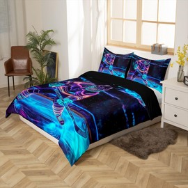 Ice Hockey Duvet Cover,Kids Hockey Player Bedding Set,Hockey Stadium Rink Comforter Cover for Boys Girls Room Decor,Blue Neon Hockey Bedspread Cover Twin Size with 1 Pillow Case(No Comforter)
