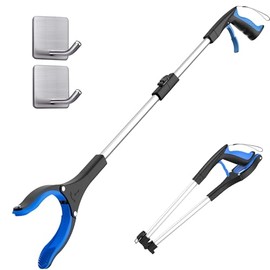 35'' Reacher Grabber Tool, 2-Pack Foldable Reacher Pickup Tool with 360° Rotating Jaw & Magnet +2 Heavy Duty Adhesive Stainless Steel Hooks