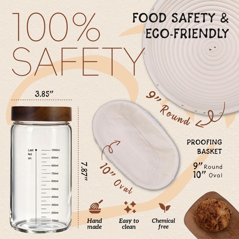 Sourdough Starter Kit,40oz Sourdough Starter Jar with Wooden Lid,2 Banneton