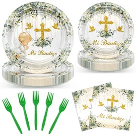Avezano 96 PCS Baptism Decorations Greenery Mi Bautizo Plates Napkins Forks Tableware Neutral Christening Newborn Baby Shower Supplies, Serves 24