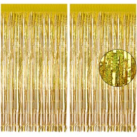 Metallic Tinsel Foil Fringe Curtains, 2Pcs 3.3ft x 8.2ft Gold Party Foil Decorations Streamers Party Backdrop Decorations for Baby Shower Birthday Bridal Shower Wedding Holiday Christmas