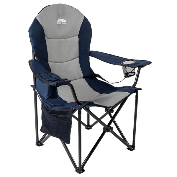 Coastrail Outdoor Camping Chair Oversized Padded Folding Quad Arm Chairs with Lumbar Back Support, Cooler Bag, Cup Holder & Side Pocket, Extra Head Pocket, Supports 400 lbs (Blue, Modern)