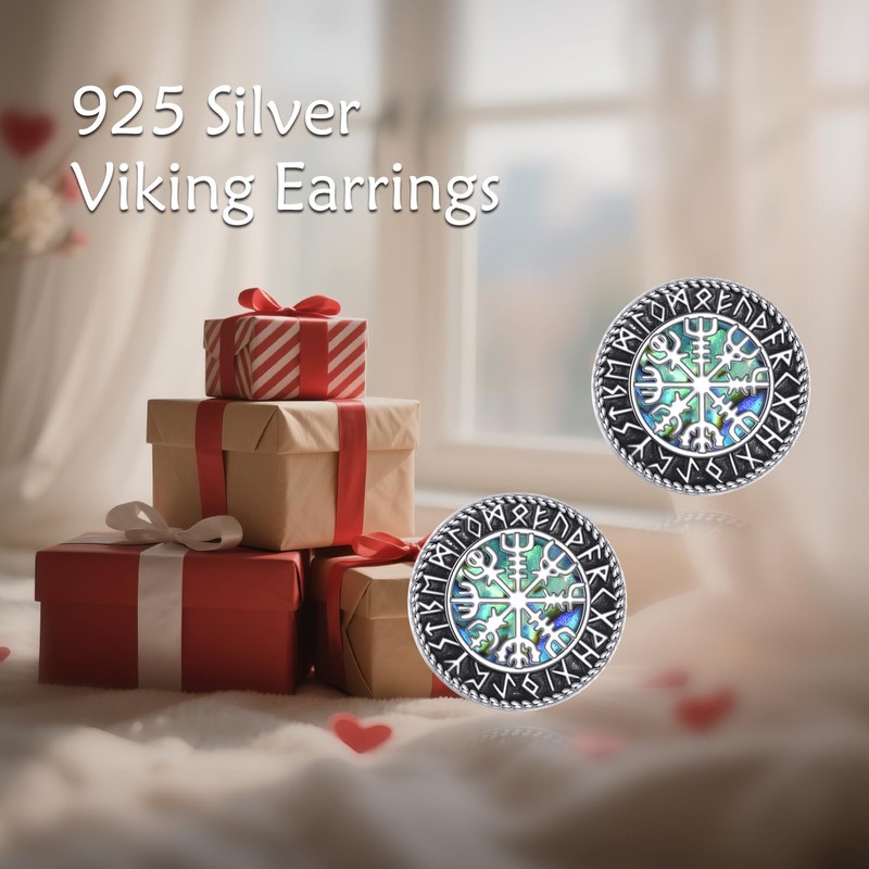 Viking Stud Earrings S925 Sterling Silver Abalone Compass Earrings Viking
