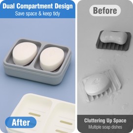 Double Soap Dish, Dual Compartment Soap Holder, Bar Shampoo Holder with Drainage Layer, Soap Tray for Bathroom, Shower, Bathtub (1pc, Gray)