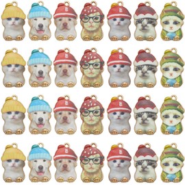 SUNNYCLUE 1 Box 28Pcs 7 Styles Cat Dog Charm Animal Enamel Charms Bulk Assorted Golden Metal Alloy Printed Carton Animals Kitty Dogs Mini Charm for Jewelry Making Charms Earrings DIY Craft Accessories