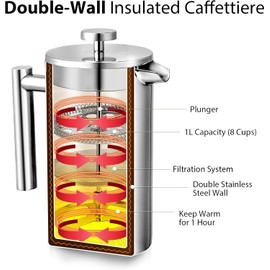 Miuly 34oz French Press Coffee Maker Stainless Steel Insulated Coffee Press Stainless Steel French Press 1 Liter (1000ML, Sliver)