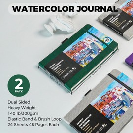 Funto Watercolor Journal, 8.5x5.5", 2 Pack, 48 Pages Each, Green Leather Cover, Cold-pressed, Inner Paper Pocket, Art Supplies for Mixed Media