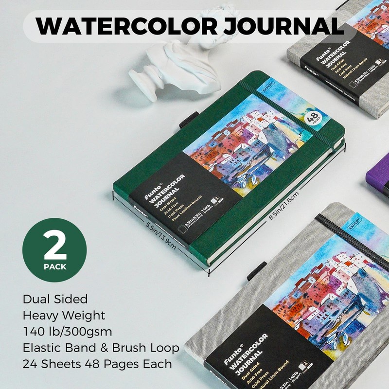 Funto Watercolor Journal, 8.5x5.5", 2 Pack, 48 Pages Each, Green