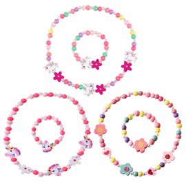 JOKILY 6 Piece Wooden Children's Jewellery Set, Children's Jewellery, Girls' Jewellery, Unicorn Beads Necklace and Bracelet, Unicorn Bracelets Girls, Beads Wooden Chain Princess Girl Costume Dress Up,