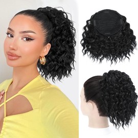 MS TAJ Pferdeschwanz-Verlängerung,Curly drawstring Ponytail Extension, 20cm Black Natural Soft Curly Clip in Ponytail Synthetic Haarteil für Frauen
