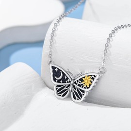 Reaii Natural Blue Sandstone Butterfly Necklace for Women 925 Sterling Silver Butterfly Pendant with Sun Moon Elements Genuine Blue Sandstone Jewelry Gifts for Her