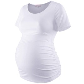 Bhome Maternity Shirt Basic Top Ruched Pregnancy Tshirt White M