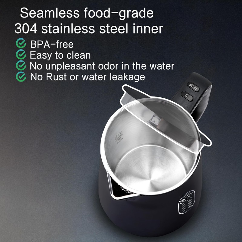 QUAXWELL 1.5L Electric Kettle Stainless Steel, Double Wall Cool Touch