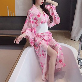 Women's Oiran-style Long Kimono Dress, Chiffon, Cherry Blossom, Japanese Style, Yukata, Cosplay, Obi Included, #04 Pink