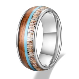 TRUMIUM 8mm Mens Wedding Band Real Deer Antler Koa Wood & Turquoise Inlay Tungsten Carbide Rings Engagement Band Beveled Edges Comfort Fit Size 12