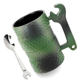 Umllpet Tyre Cup with Spoon 500 ml, Large Ceramic Coffee Cup, 3D Handle Car Cup, Father's Day Gift for Men, Dad, Car Lovers & Mechanics, Ideal for Office, Home and Birthday (Green)