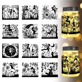 GLOBLELAND 12Pcs Fairy Silhouette Jar Cutouts Dandelion Plastic Silhouette Wall Decals (Not Stickers) Lantern Jar Cutouts Window Lamp Decals Glass Decorations Art Mural Home Decor