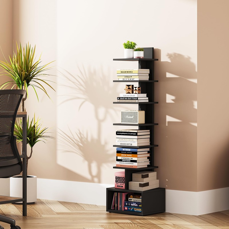 TUTOTAK Narrow Bookshelf, Vertical 8-Tier Bookcase, Spine Book Shelf for