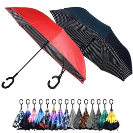 Parquet Purple and Blue Flower Double Layer Inverted Umbrellas - C Shaped Handle Reverse Folding Windproof Umbrella for Men and Women