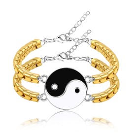 2 Yin Yang Bracelets Set for Couples - Him and Him Haema Beads Bracelets for Men Women with Extended Stainless Steel Chain, Matching Puzzle Yinyang Bracelets for Boyfriend Girlfriend Best Friend,