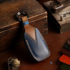 OLLEN Screws-Free Genuine Leather Key Fob Cover, Fit for Subaru Forester Outback BRZ WRX STI Legacy Ascent CrossTrek Impreza, etc, Leather Smart Remote Key Protector, 4 Buttons, Blue