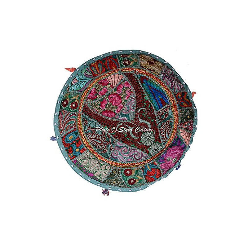 Stylo Culture Cotton Patchwork Embroidered Ottoman Stool Pouf Cover Green