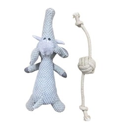 Dog Plush Squeaker Toy with Hemp Rope Chew Toy Pair Bundle (Grey Elephant)