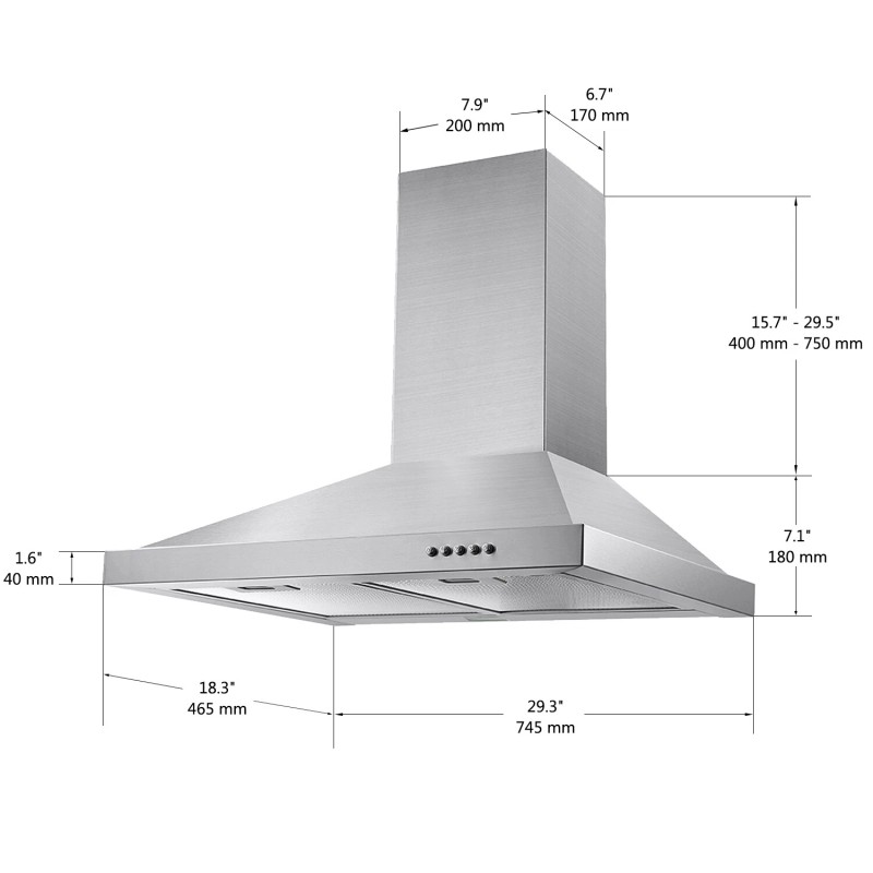 Tieasy 30in Kitchen Wall Mounted Range Hood Stainless Steel 450CFM