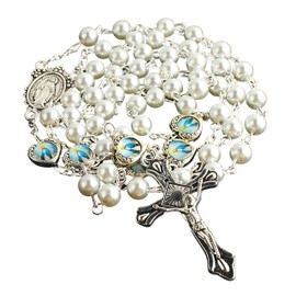 BJLA 6mm White Color Glass Pearl Rosary Prayer Beads with Heart Shape Virgin Mary Metal Bead Mystery Pendant and Virgin Mary Centerpiece Rosary - Car Rosary - with Small Velvet pouch