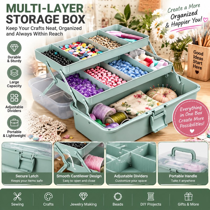 3-Layer Plastic Storage Organizer with Adjustable Dividers – Portable Craft