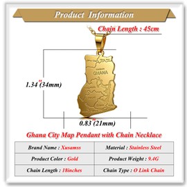 Xusamss Ghana Map Pendant Necklace for Men Women, Gold Plated Stainless Steel African Ghana Chain with Country Map Charm, Lightweight Fashion Jewelry with 45cm Chain(Gold)