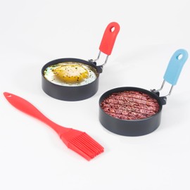 Egg Ring Pack of 2 with 1 Oil Brush Stainless Steel Egg Maker with Anti Scald Folding Handle with Silicon Grip Non Stick Coating Suitable for Egg Frying Patties Mini Burgers Pancakes
