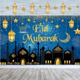 Blue Eid Mubarak Backdrop Arabian Islamic Muslim Ramadan Mubarak Home Festival Background Moon Stars Lanterns Fireworks Mosque Silhouette Party Supplies Decor 6x4FT