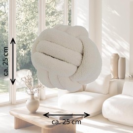 Dekoratives Knotenkissen, ca. 25 cm, trendiger Teddy Bouclé Stoff, Handgefüllt, 4 Farben, Sofakissen, Dekoration für Wohnzimmer und Schlafzimmer, ausgefallene Kissen (Offwhite)