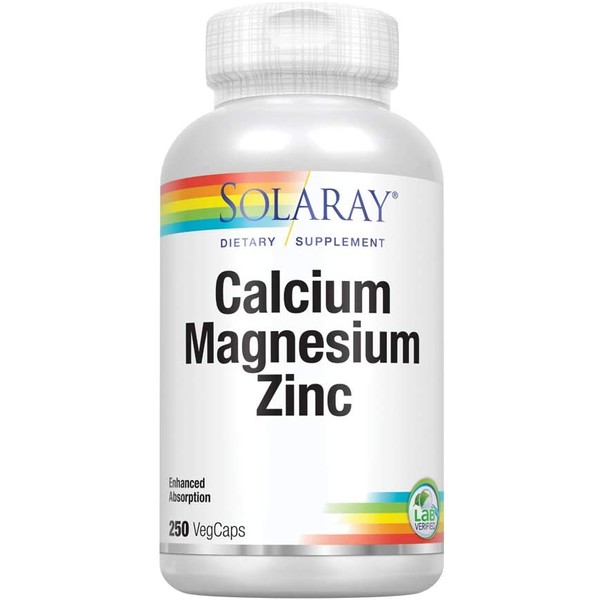 Solaray Calcium, Magnesium, Zinc | High Absorption with Glutamic Acid | Healthy Bones, Teeth, Nerve, Muscle, Heart & Immune Function Support | 250ct