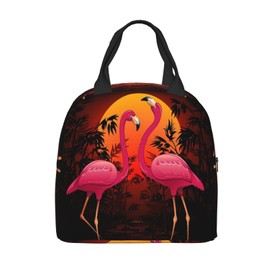 AuHomea Pink Flamingos On Tropical Peaceful Sunset Durable Insulated Lunch Bag For Women/Men/Kids Reusable Lunch Box With Pocket Zippers For Office School Outdoor