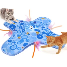 DFQ Interactive Cat Toys Chargeable, 2 in 1 Automatic Hide and Seek Cat Toys with Moving Concealed Feather Hidden in Bag,Touch Activated Cat Kitten Toys for Indoor Bored Adult Cats,Blue