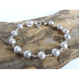 Silver pearl bracelet, rock crystal accent, asymmetrical, sterling silver, wire wrapped, artisan made jewelry