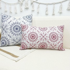 Slow Cow Linen Embroidery Decorative Lumbar Throw Pillow Cover Rectangular Pillowcase Cushion Cover for Bed Couch Sofa 12 x 20 Inches Red